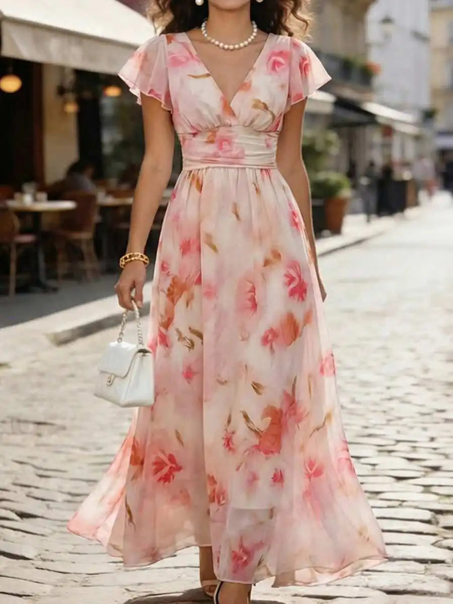 Robe Maxi Aquarelle Fleurie — Col V