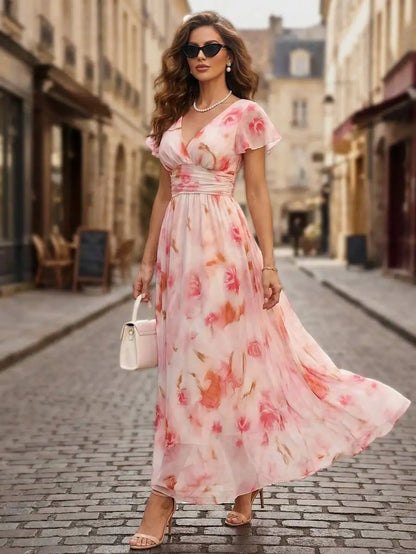 Robe Maxi Aquarelle Fleurie — Col V