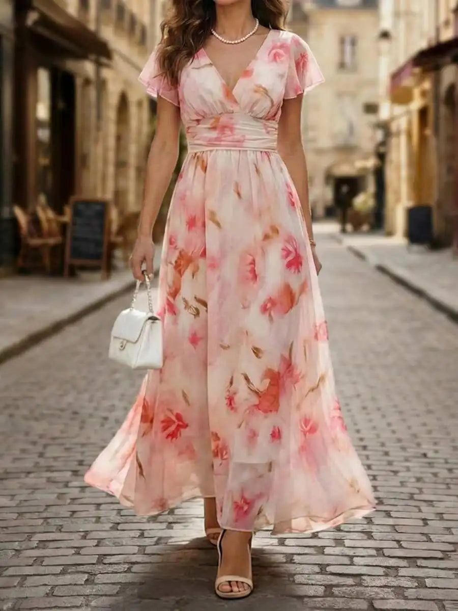 Robe Maxi Aquarelle Fleurie — Col V