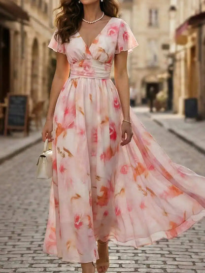 Robe Maxi Aquarelle Fleurie — Col V