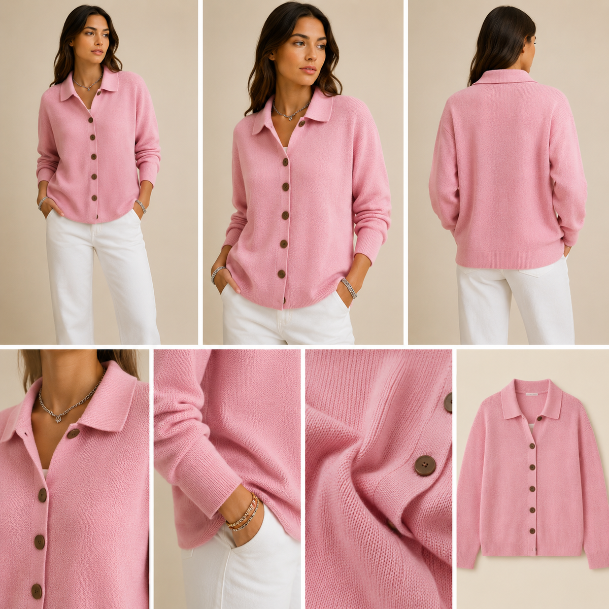 Cárdigan de punto rosa con cuello polo y botones - VANESSALUXE