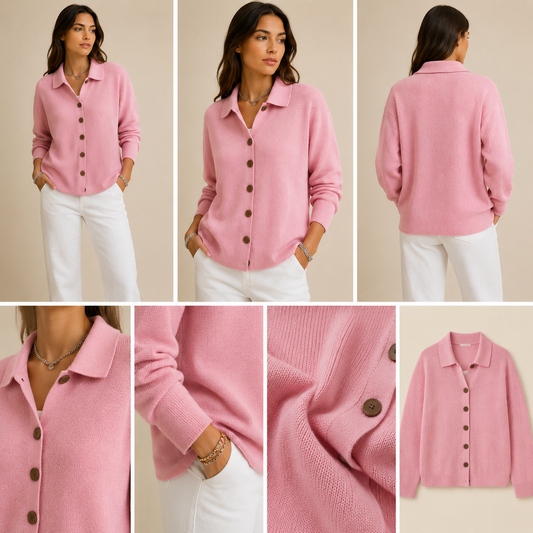 Cárdigan de punto rosa con cuello polo y botones - VANESSALUXE